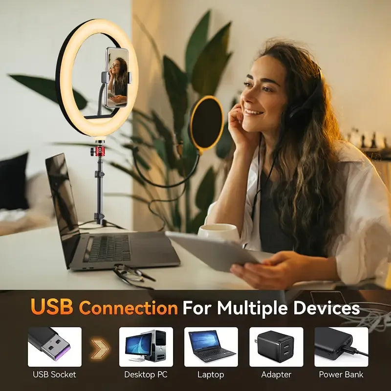 Lampa circulara Ring Light 26cm/10" INCH, Conectare usb, Trepied Mare, Telecomanda Selfie, (lumina rece, calda si neutra)