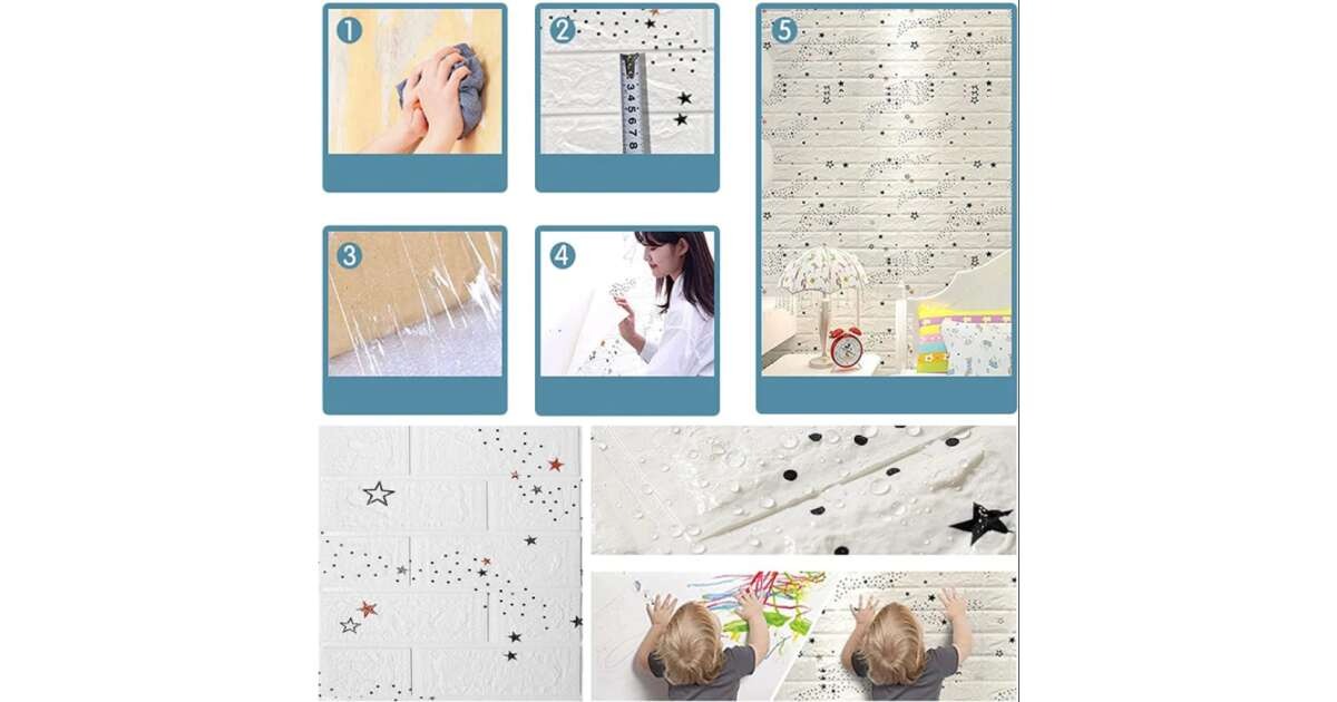 Set 10 x Tapet Autocolant, 3D, Usor de Montat, Rezistent la Apa, Modern, Alb cu stelute, 70x77 cm