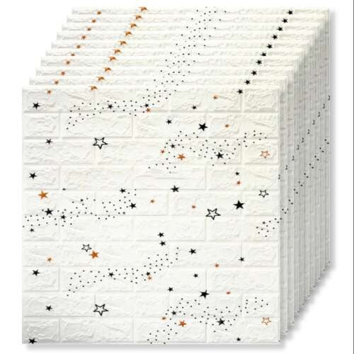 Set 10 x Tapet Autocolant, 3D, Usor de Montat, Rezistent la Apa, Modern, Alb cu stelute, 70x77 cm