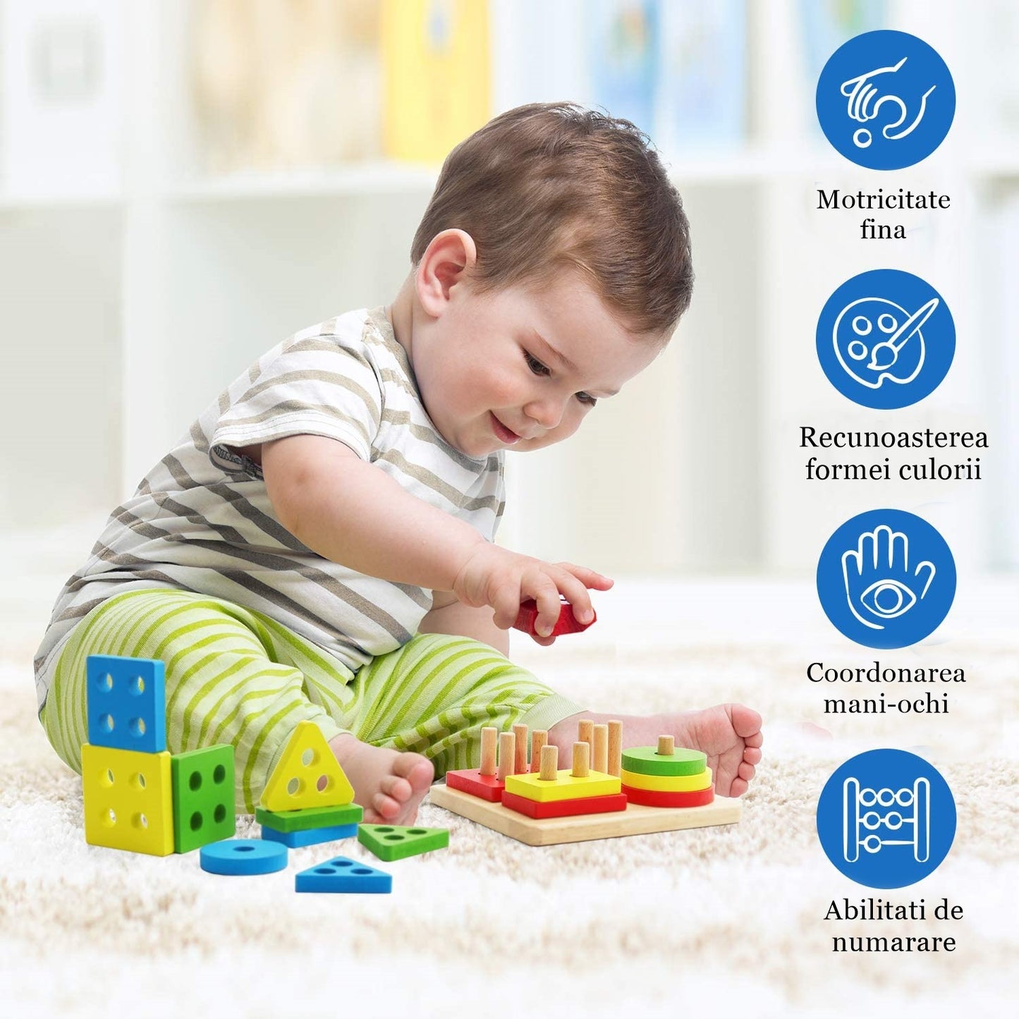 Jucarii Montessori sortator pentru copii, 16 piese din lemn, puzzle,forme geometrice, 4 coloane de sortare a culorii