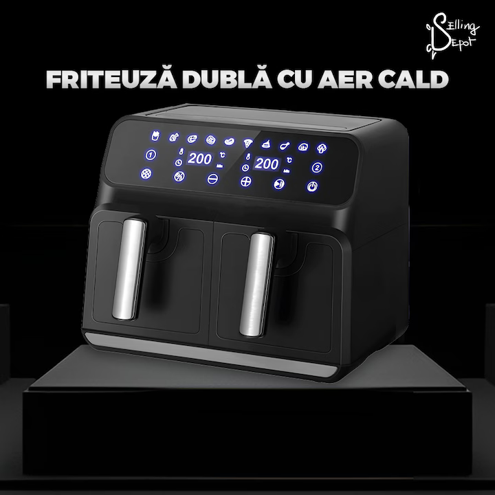 Friteuza Dubla Fara Ulei, programe smart chef automate, afisaj digital, tehnologie smart sensing, temperatura ajustabila, functie de pastrare la cald, tensiune alimentare 240 V, 8 L, negru