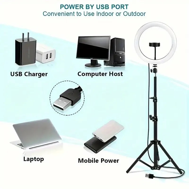 Lampa circulara Ring Light 26cm/10" INCH, Conectare usb, Trepied Mare, Telecomanda Selfie, (lumina rece, calda si neutra)