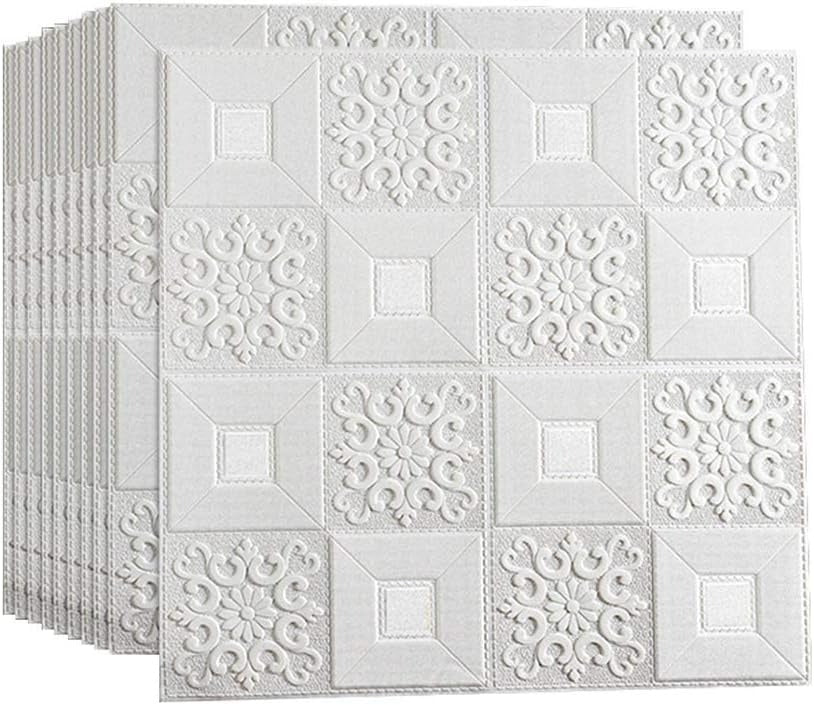Set 10 x Tapet Autocolant, 3D, Usor de Montat, Rezistent la Apa, Modern, Model Patrat Alb, 70x70 cm