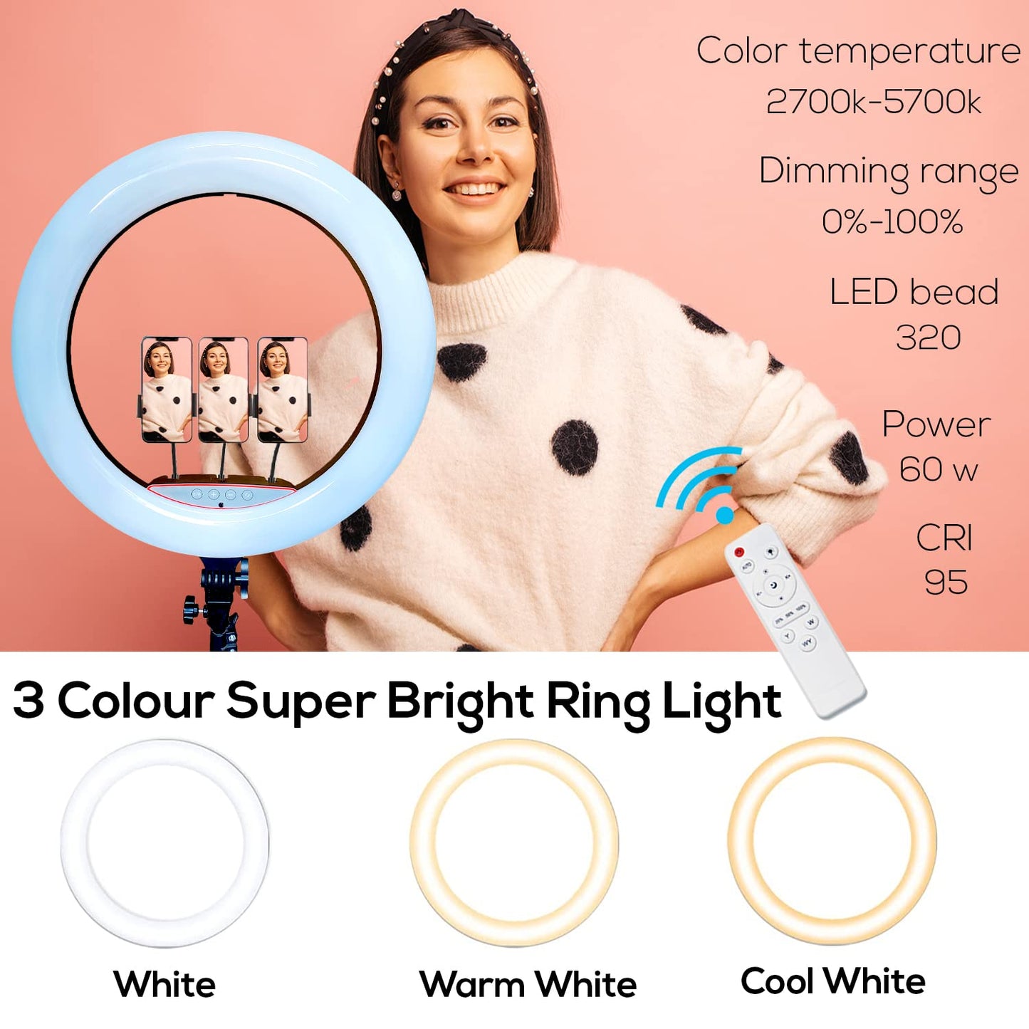 Lampa Ring Light, 56cm/22inch LED, 3 moduri lumina, 10 trepte reglaj, 3 suporti, telecomanda selfie, trepied 210cm inclus