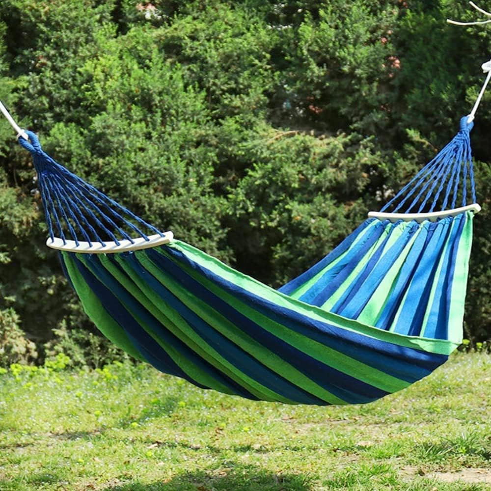 Hamac de o persoana, 80 x 200 cm, husa depozitare, maxim 150 kg, multicolor, baza lemn, albastru
