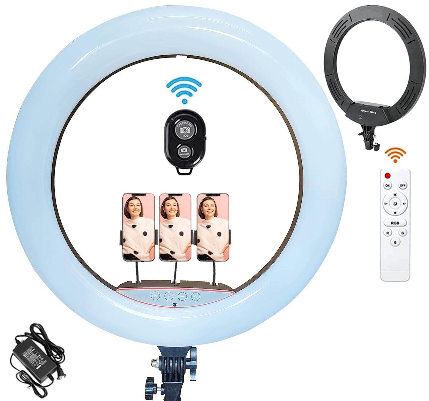 Lampa Ring Light, 56cm/22inch LED, 3 moduri lumina, 10 trepte reglaj, 3 suporti, telecomanda selfie, trepied 210cm inclus