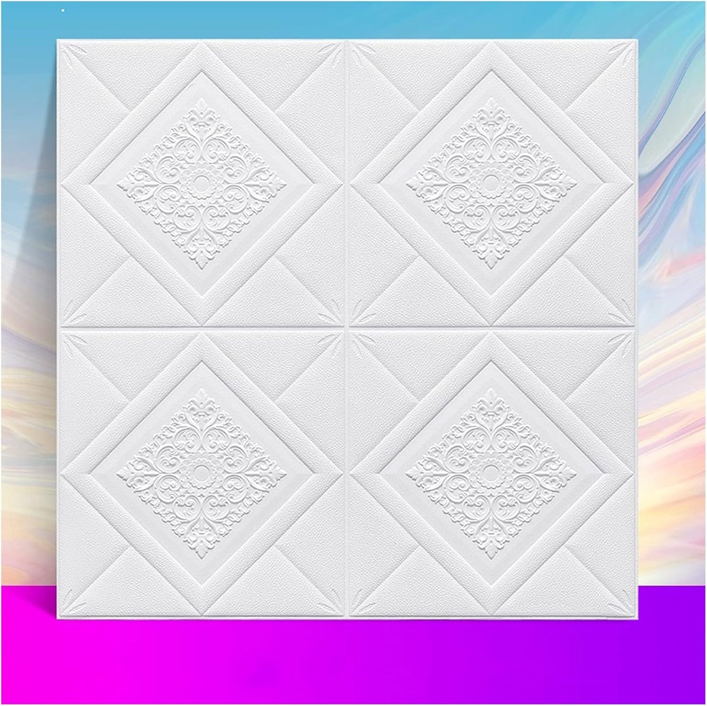 Set 10 x Tapet Autocolant, 3D, Usor de Montat, Rezistent la Apa, Modern, Model Romb Alb, 70x70 cm
