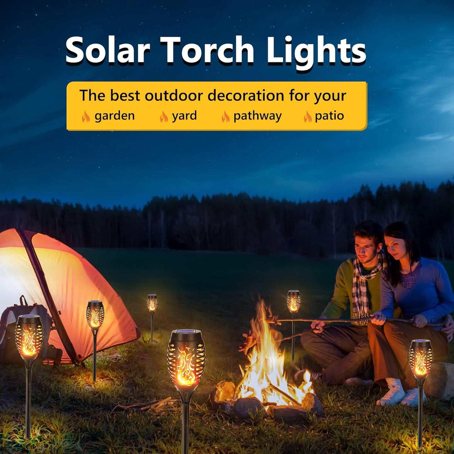Set 4 Lămpi Solare Tip Torță cu Efect de Flacără – 52 cm, IP65, ABS Negru