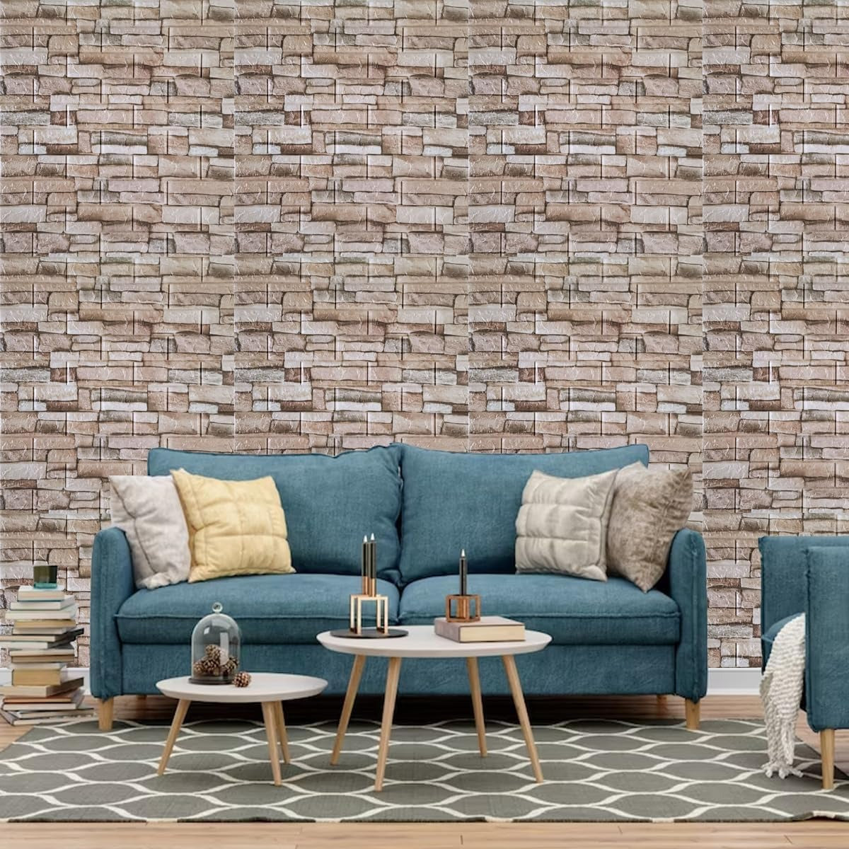 Set 10 x Tapet Autocolant, 3D, Usor de Montat, Rezistent la Apa, Modern, Model Caramida Crem/Albastru, 70x77 cm