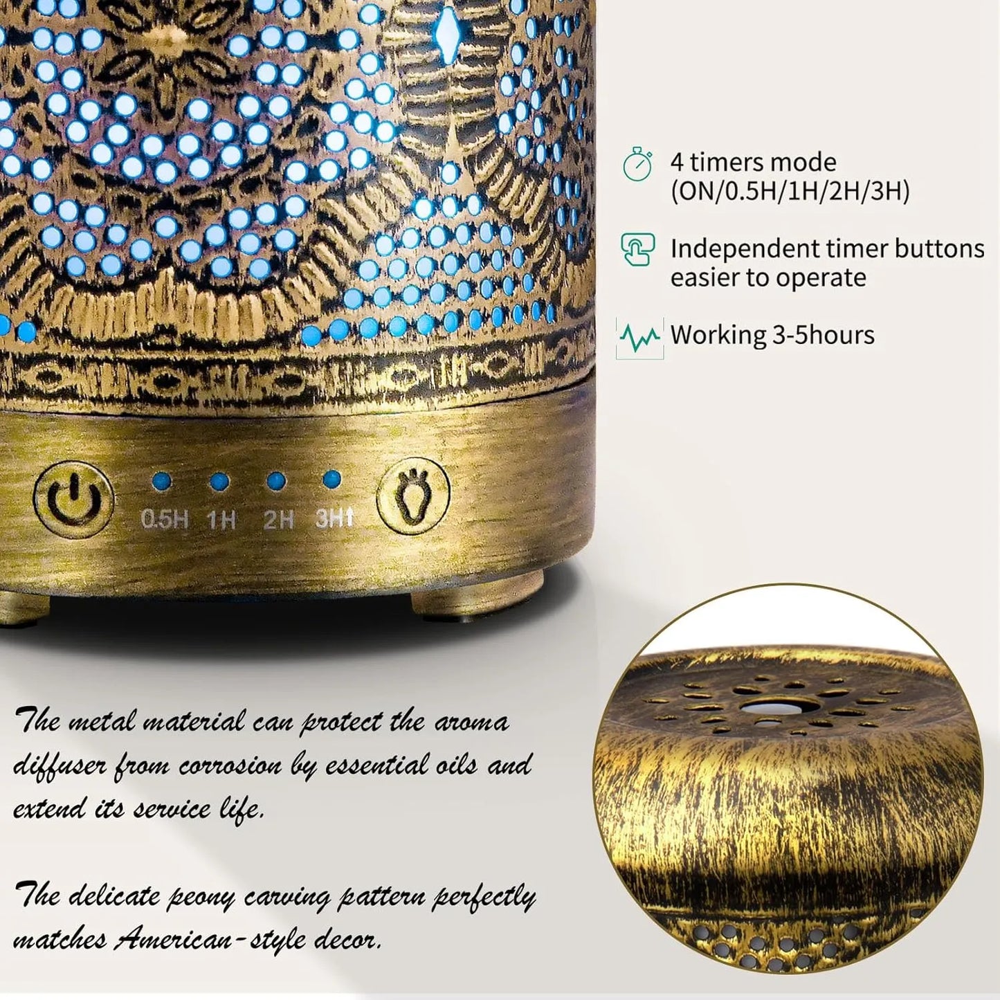 🌿 Difuzor Aromaterapie Vintage – Design Metalic, 7 Culori LED, 250ml 🌿