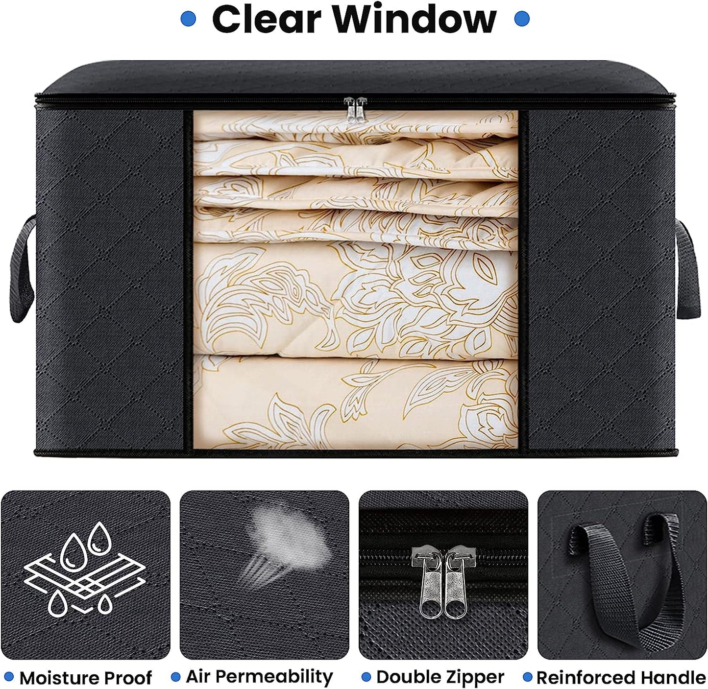 Set 3 Cutii pentru Depozitare si Organizare, pliabile, pentru haine/paturi/jucarii, 105 L, 70x50x30 cm, Negru, Marimea L
