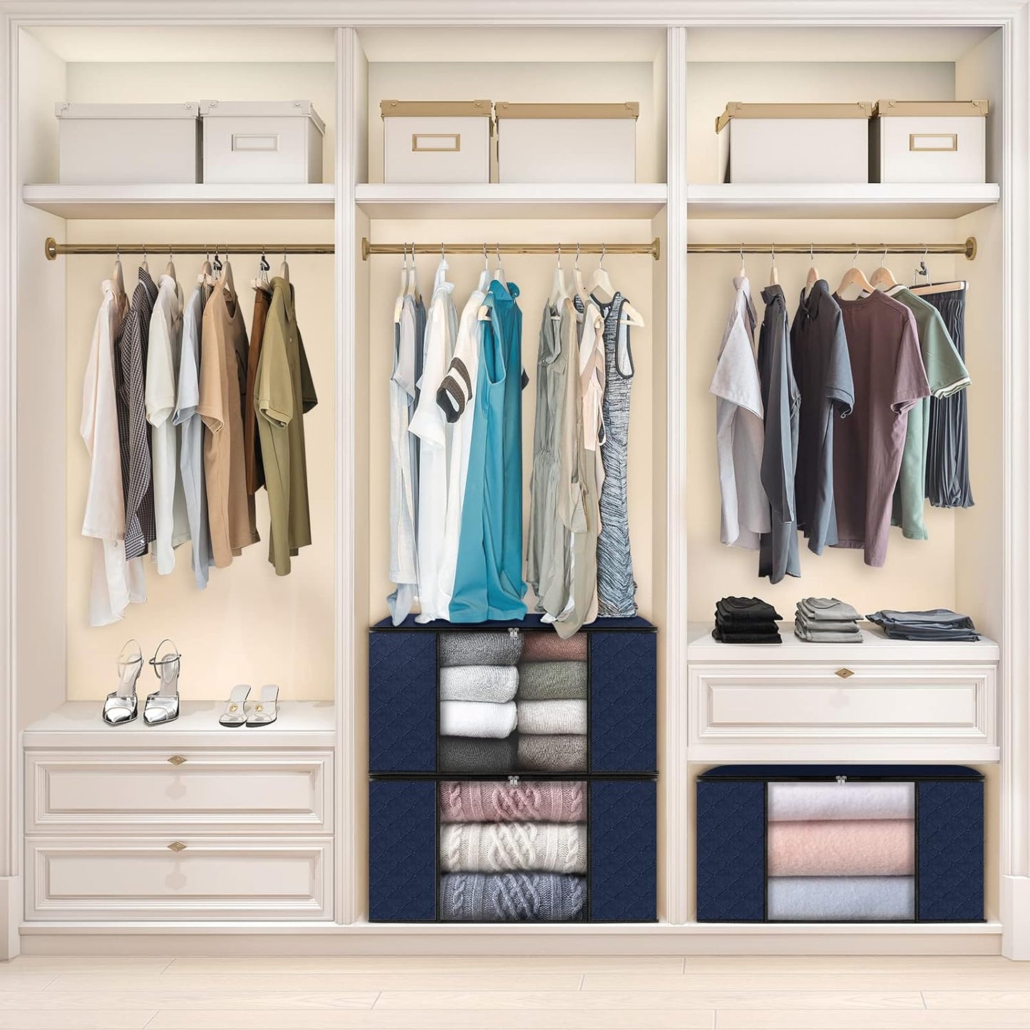 Set 3 Cutii Pliabile pentru Depozitare și Organizare, pentru Haine/Pături/Jucării, 105 L, Albastru, Marimea L! 🧸👚