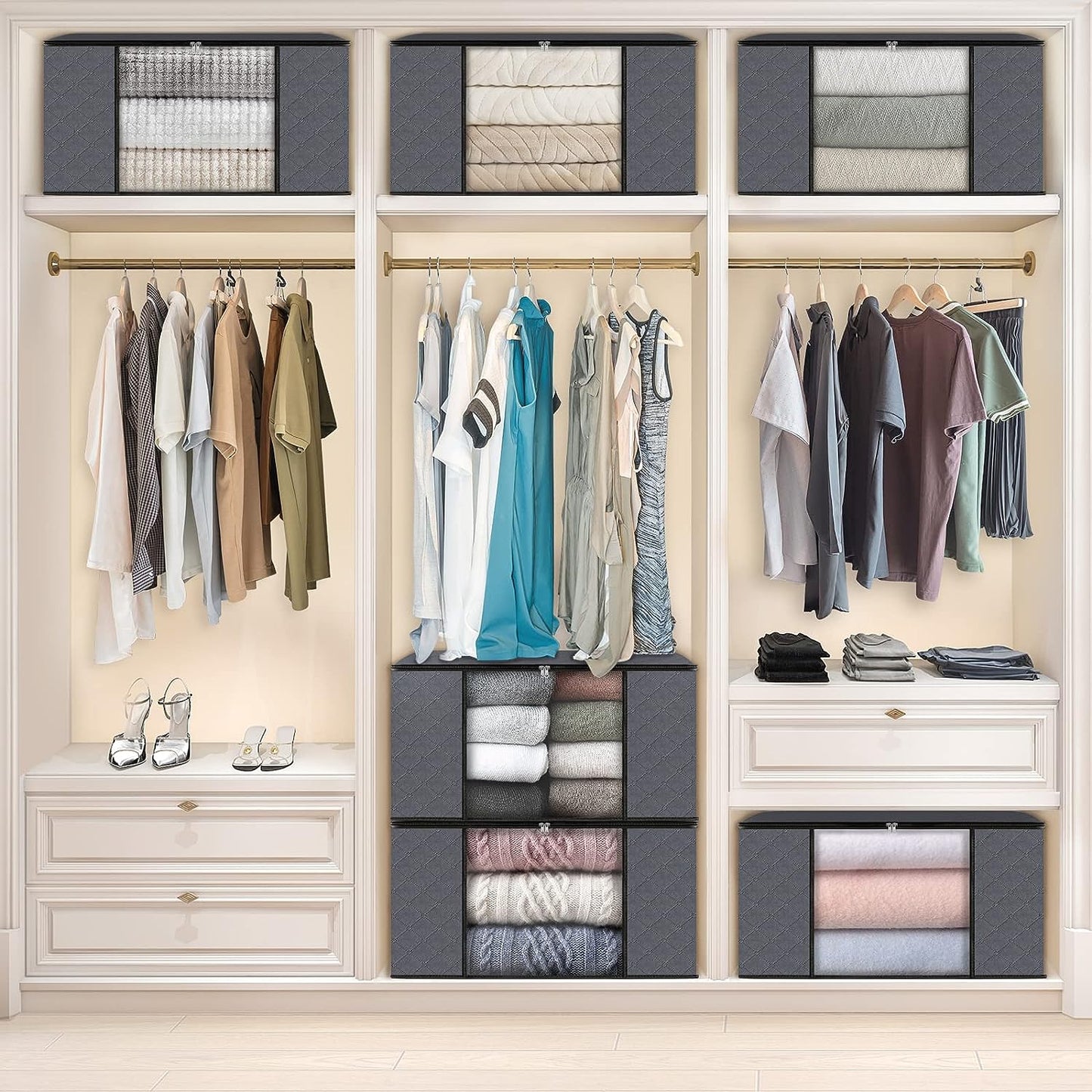Set 3 Cutii Pliabile pentru Depozitare și Organizare, pentru Haine/Pături/Jucării, 105 L, Gri, Marimea L! 🧸👚