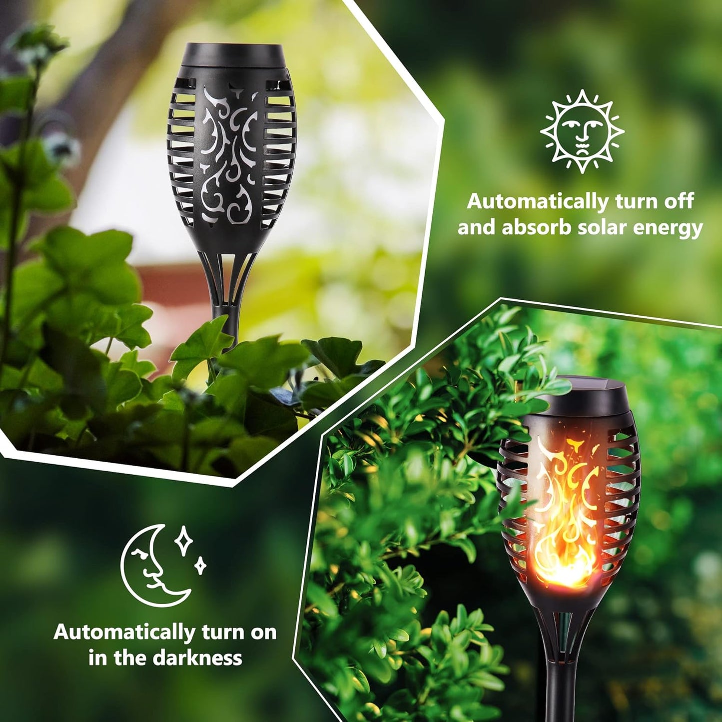 Set 4 Lămpi Solare Tip Torță cu Efect de Flacără – 52 cm, IP65, ABS Negru