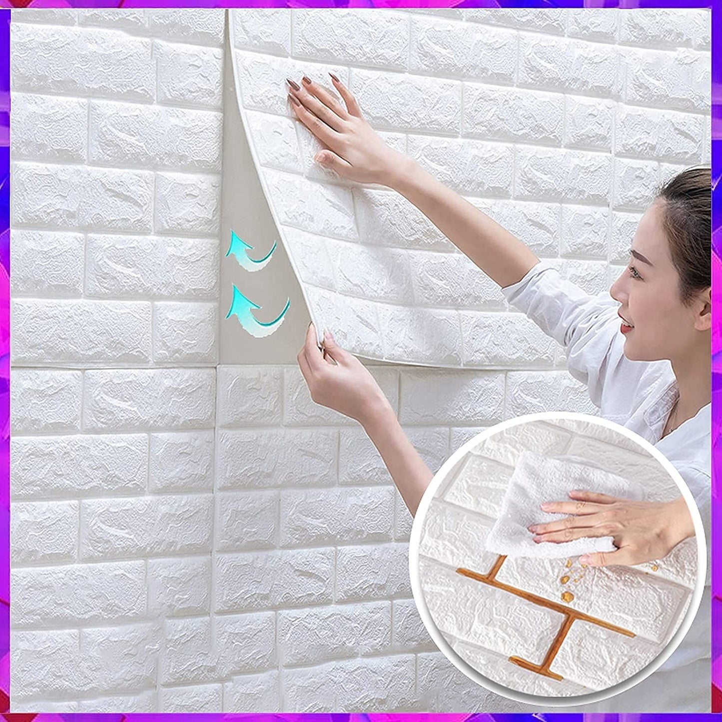 Set 10 x Tapet Autocolant, 3D, Usor de Montat, Rezistent la Apa, Modern, Model Caramida Alb, 70x77 cm