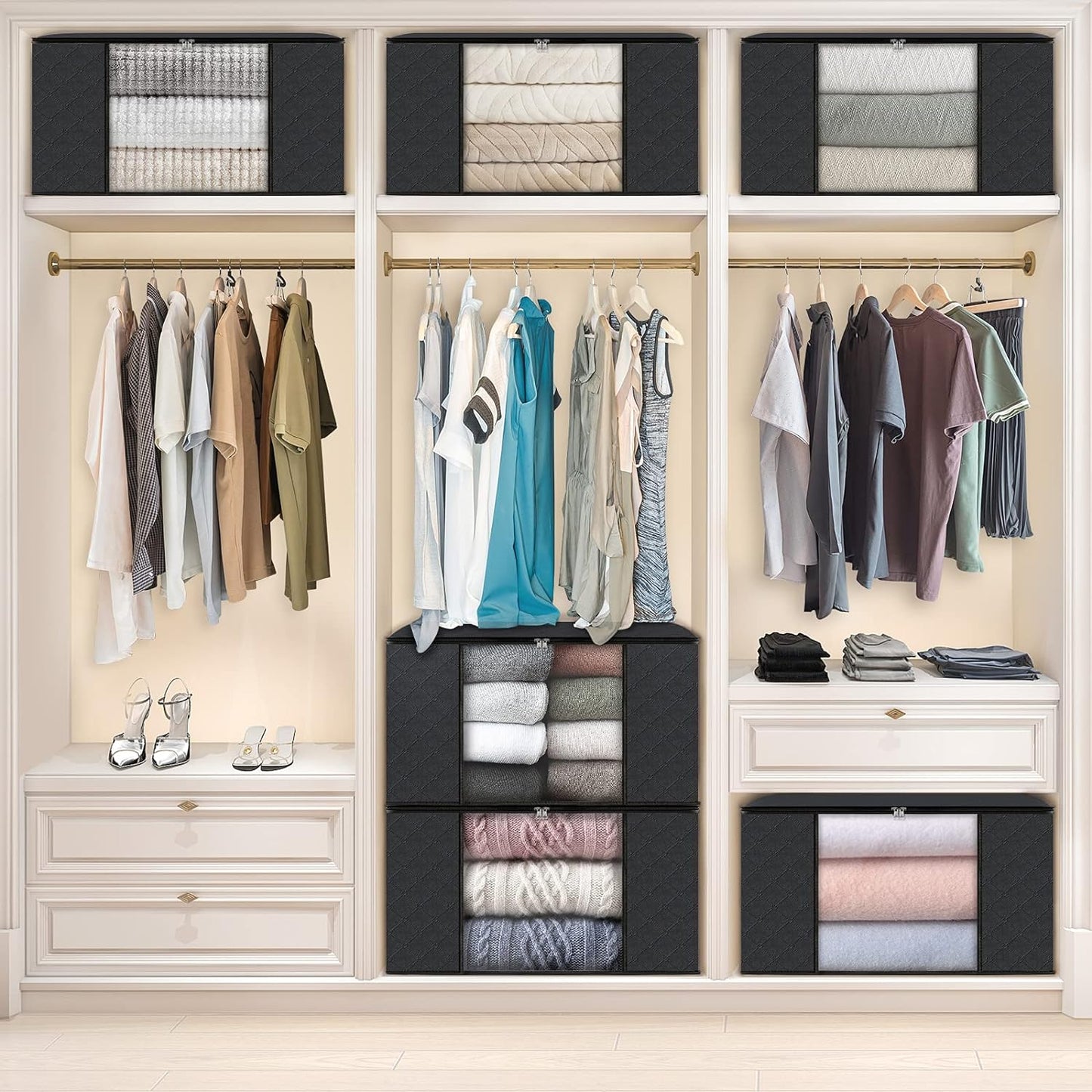 Set 3 Cutii pentru Depozitare si Organizare, pliabile, pentru haine/paturi/jucarii, 105 L, 70x50x30 cm, Negru, Marimea L