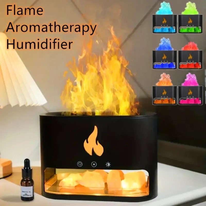 Difuzor Aromaterapie, Efect Flacara, 4 Culori LED, Silentios, Umidifica Aerul, Negru