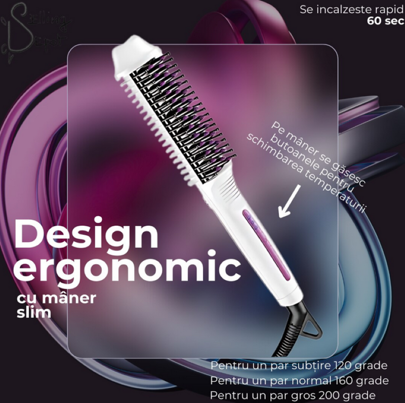 Perie de par electrica, pentru indreptat si ondulat, din ceramica, cu protectii din silicon pentru scalp, alba