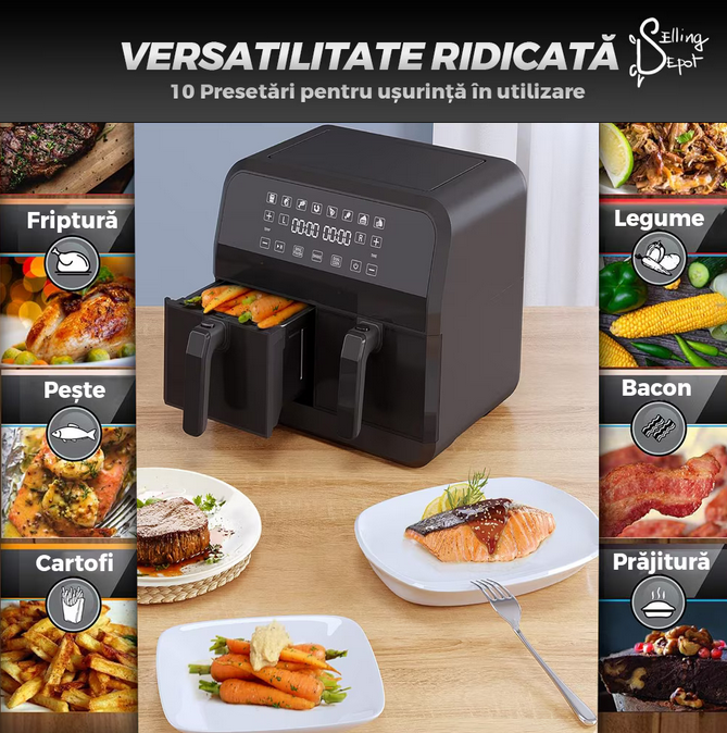 Friteuza Dubla Fara Ulei, programe smart chef automate, afisaj digital, tehnologie smart sensing, temperatura ajustabila, functie de pastrare la cald, tensiune alimentare 240 V, 8 L, negru