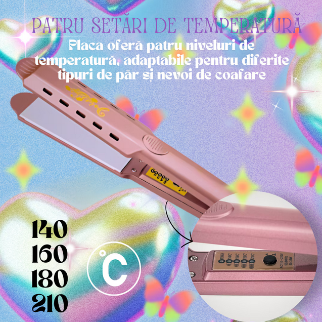 Placa de indreptat parul, pentru toate tipurile de par, cu 4 setari de temperatura, roz
