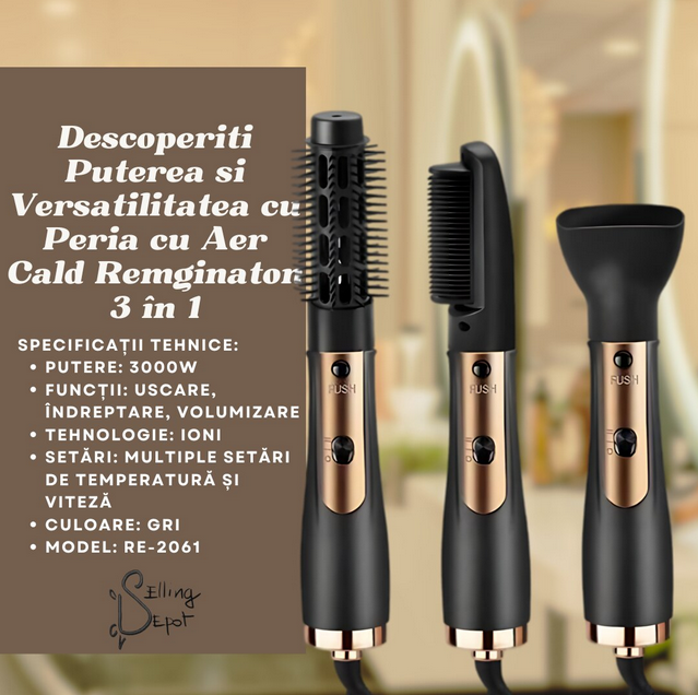 Perie cu aer cald 3 in 1, model RE-2061, putere 3000w, gri