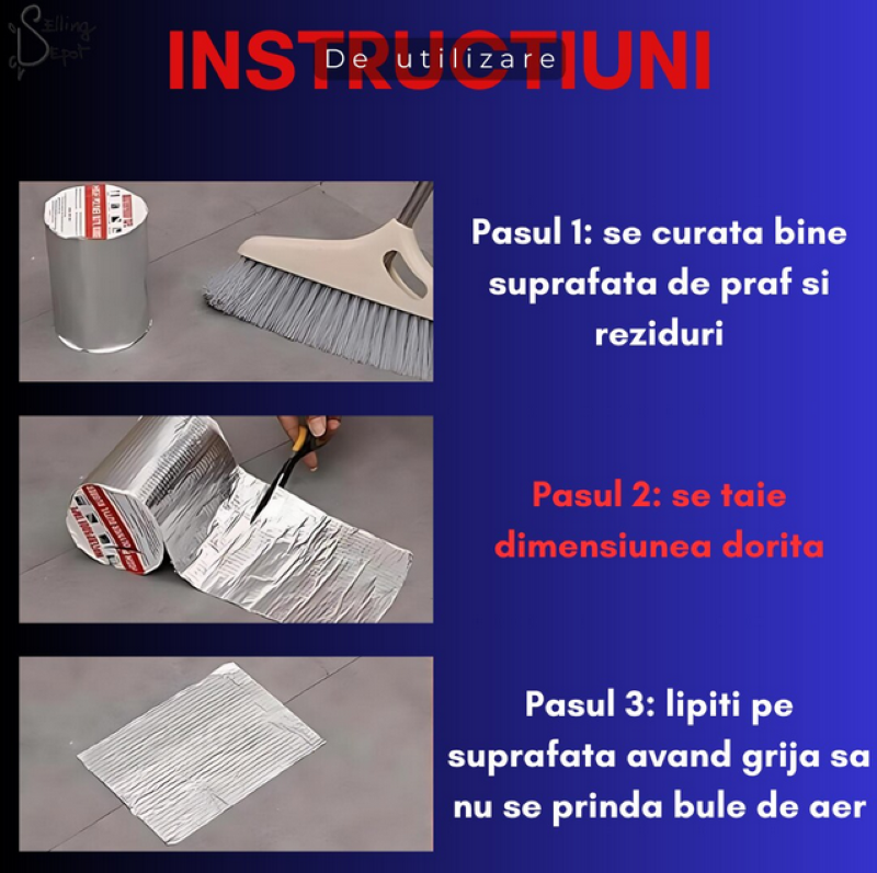 Banda adeziva impermeabila, din folie de aluminiu, pentru repararea scurgerilor, crapaturilor si gaurilor