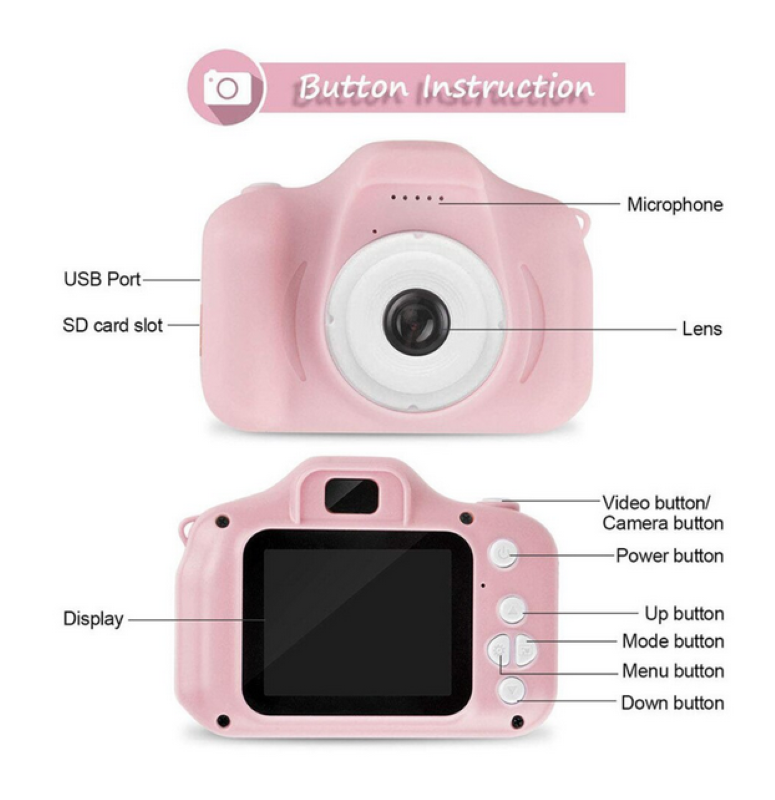 Camera foto interactiva copii full HD, cu 4 jocuri incluse, 7 scene si 4 cadre foto distractive, culoare roz