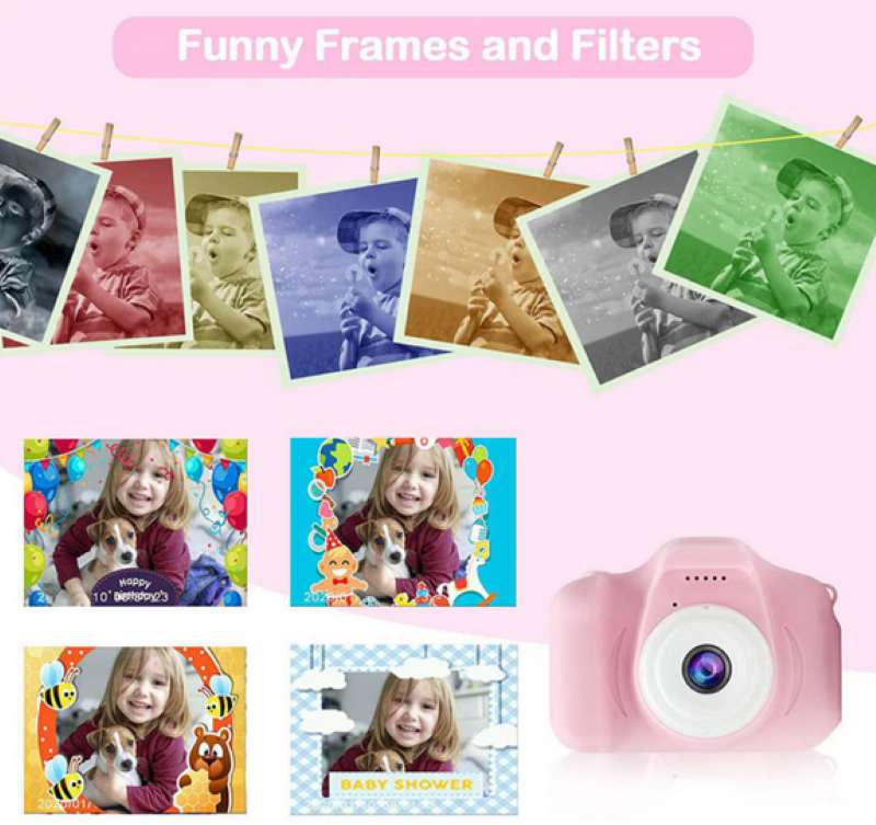 Camera foto interactiva copii full HD, cu 4 jocuri incluse, 7 scene si 4 cadre foto distractive, culoare roz