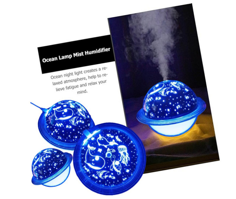 Umidificator aroma cu Proiector Lumina tematic ocean, suport de lemn, capacitate 250ml