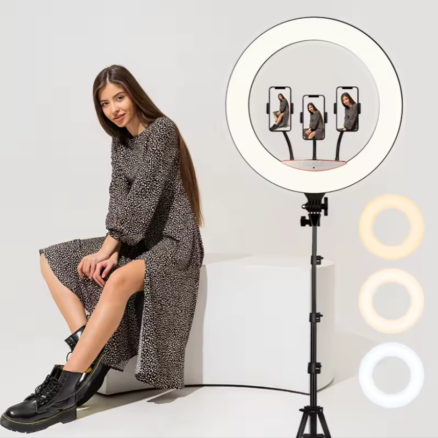Lampa Ring Light, 56cm/22inch LED, 3 moduri lumina, 10 trepte reglaj, 3 suporti, telecomanda selfie, trepied 210cm inclus