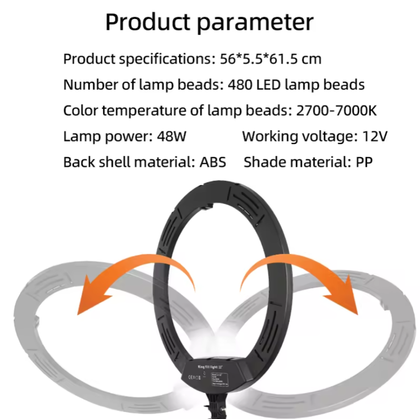 Lampa Ring Light, 56cm/22inch LED, 3 moduri lumina, 10 trepte reglaj, 3 suporti, telecomanda selfie, trepied 210cm inclus