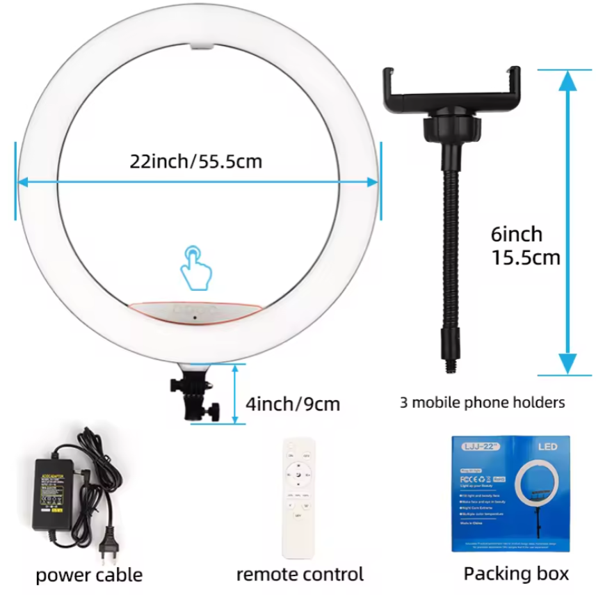 Lampa Ring Light, 56cm/22inch LED, 3 moduri lumina, 10 trepte reglaj, 3 suporti, telecomanda selfie, trepied 210cm inclus