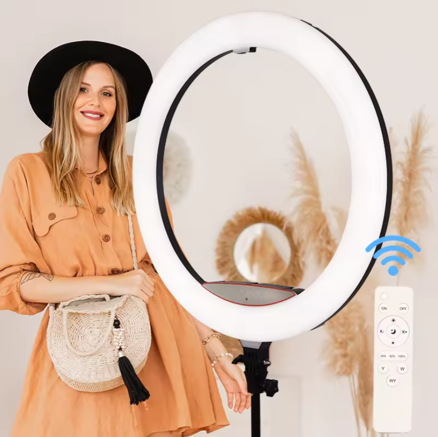 Lampa Ring Light, 56cm/22inch LED, 3 moduri lumina, 10 trepte reglaj, 3 suporti, telecomanda selfie, trepied 210cm inclus