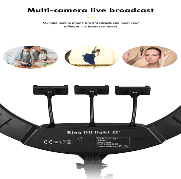 Lampa Ring Light, 56cm/22inch LED, 3 moduri lumina, 10 trepte reglaj, 3 suporti, telecomanda selfie, trepied 210cm inclus