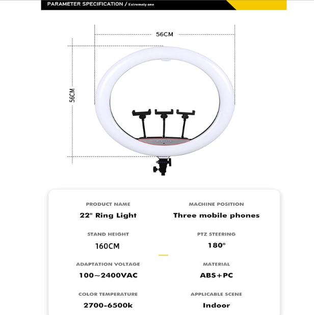 Lampa Ring Light, 56cm/22inch LED, 3 moduri lumina, 10 trepte reglaj, 3 suporti, telecomanda selfie, trepied 210cm inclus