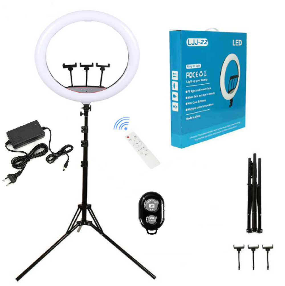 Lampa Ring Light, 56cm/22inch LED, 3 moduri lumina, 10 trepte reglaj, 3 suporti, telecomanda selfie, trepied 210cm inclus