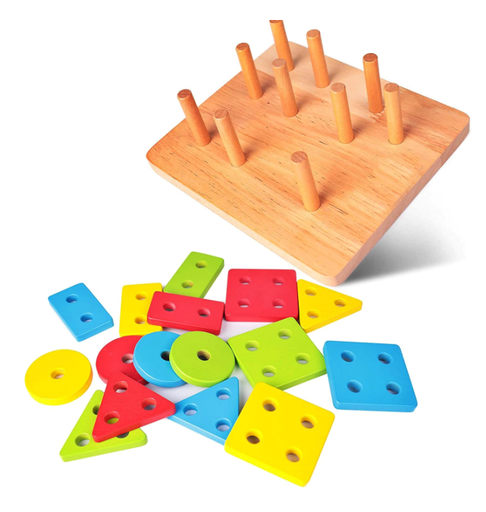 Jucarii Montessori sortator pentru copii, 16 piese din lemn, puzzle,forme geometrice, 4 coloane de sortare a culorii