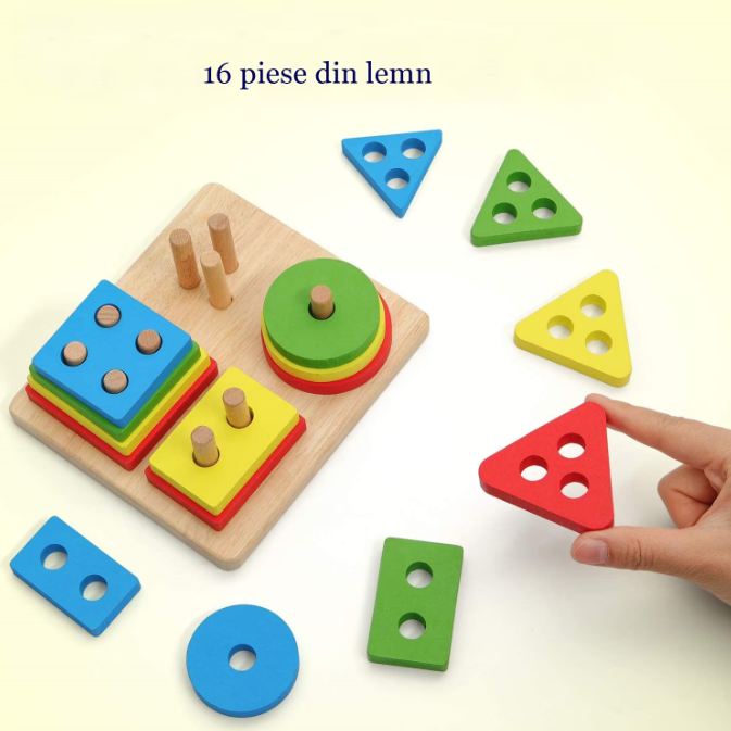 Jucarii Montessori sortator pentru copii, 16 piese din lemn, puzzle,forme geometrice, 4 coloane de sortare a culorii