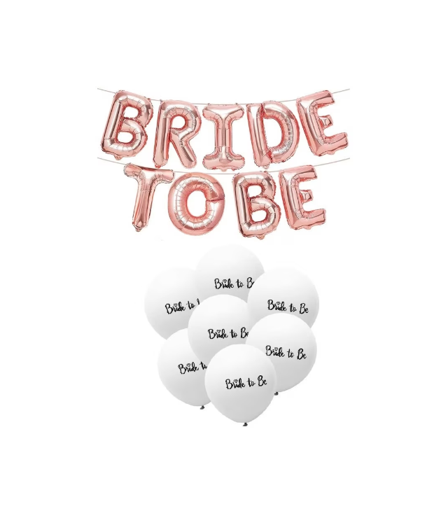 Set baloane din folie BRIDE TO BE, rose gold, 40 cm, 6 baloane din latex alb cu scris, 30 cm