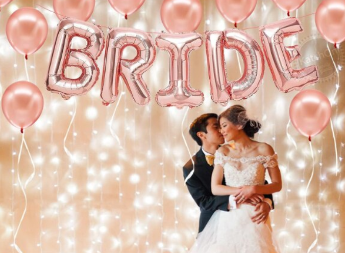 Set baloane din folie BRIDE TO BE, rose gold, 40 cm, 6 baloane din latex alb cu scris, 30 cm