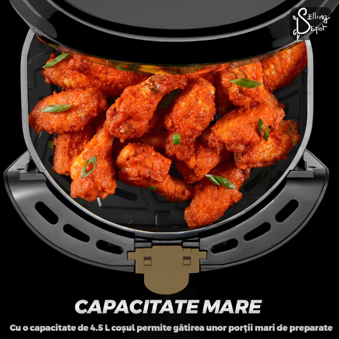 Friteuza Fara Ulei, programe smart chef automate, afisaj digital, tehnologie smart sensing, temperatura ajustabila, functie de pastrare la cald, tensiune alimentare 220 V, 4.5 L, negru