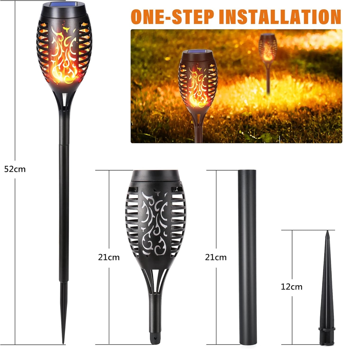 Set 4 Lămpi Solare Tip Torță cu Efect de Flacără – 52 cm, IP65, ABS Negru