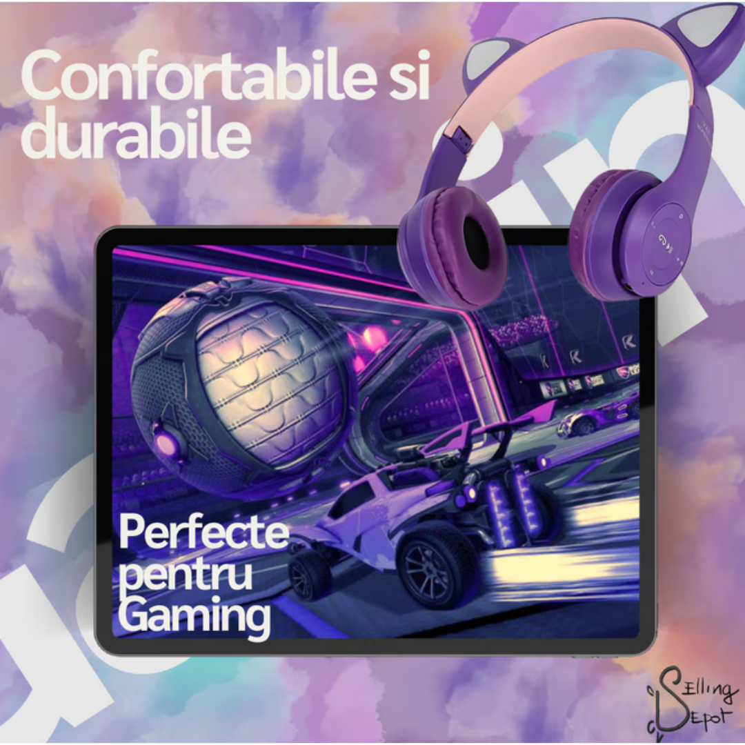Casti pentru copii Bluetooth, cu urechi de pisica, limitare a volumului de 88 dB si lumina LED