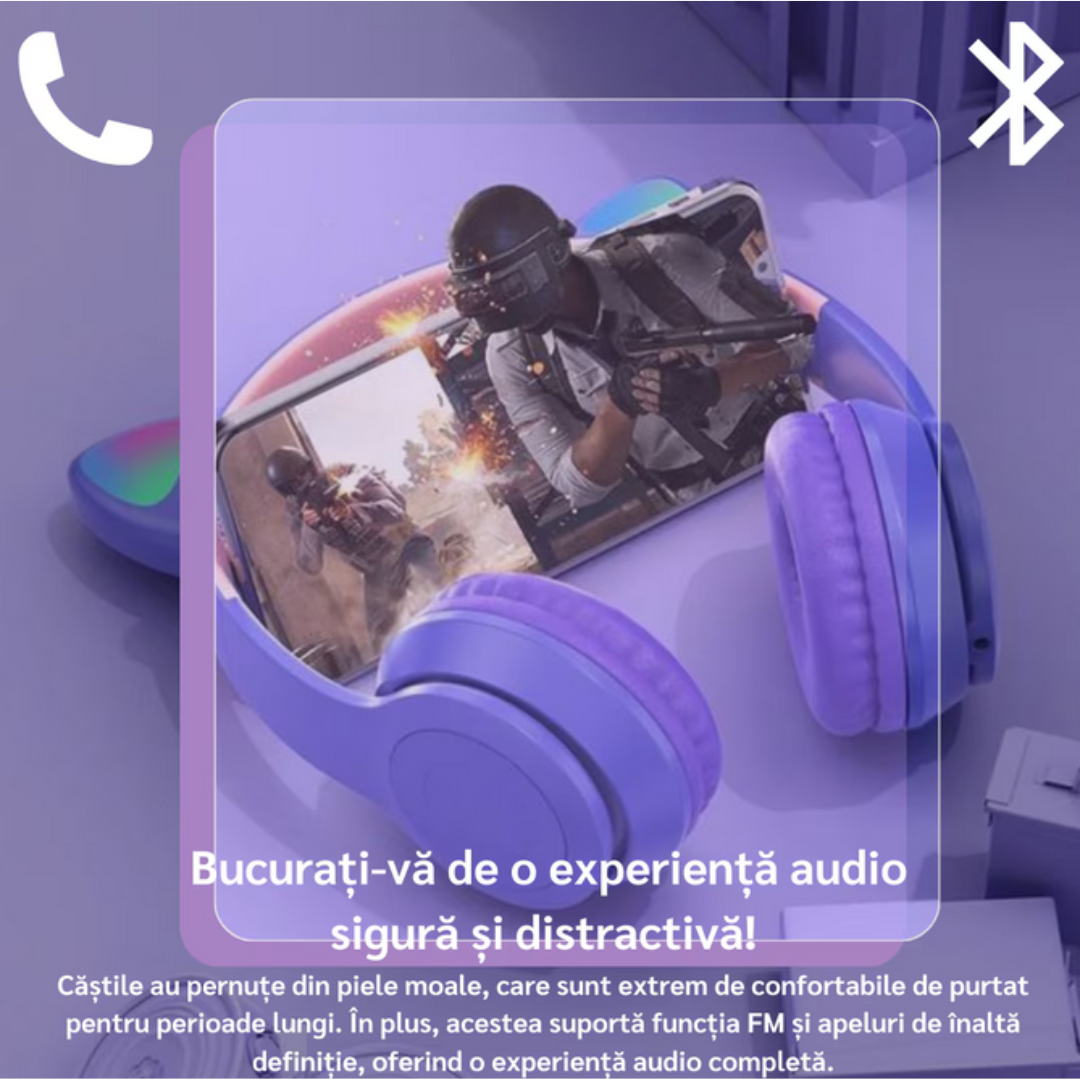Casti pentru copii Bluetooth, cu urechi de pisica, limitare a volumului de 88 dB si lumina LED