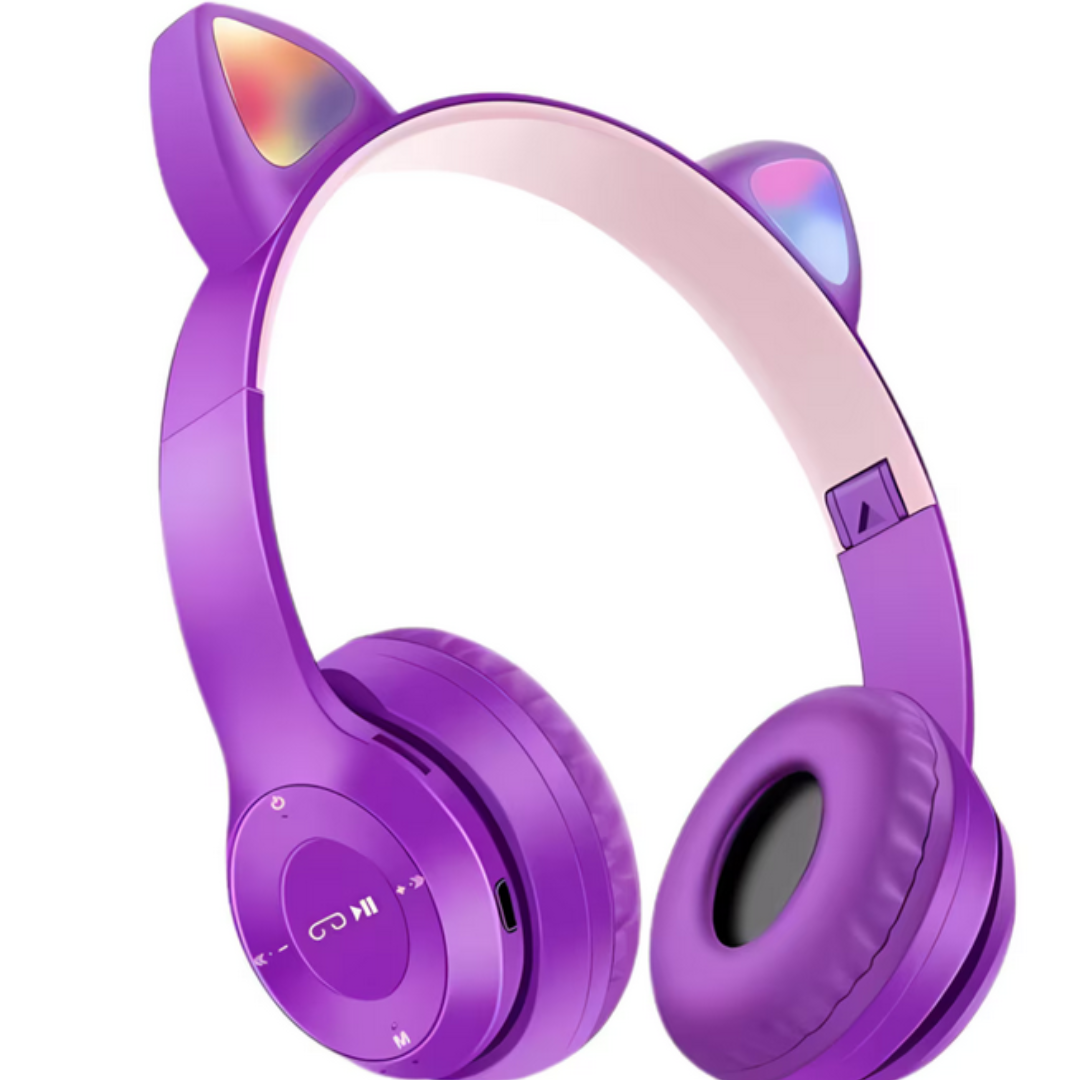 Casti pentru copii Bluetooth, cu urechi de pisica, limitare a volumului de 88 dB si lumina LED