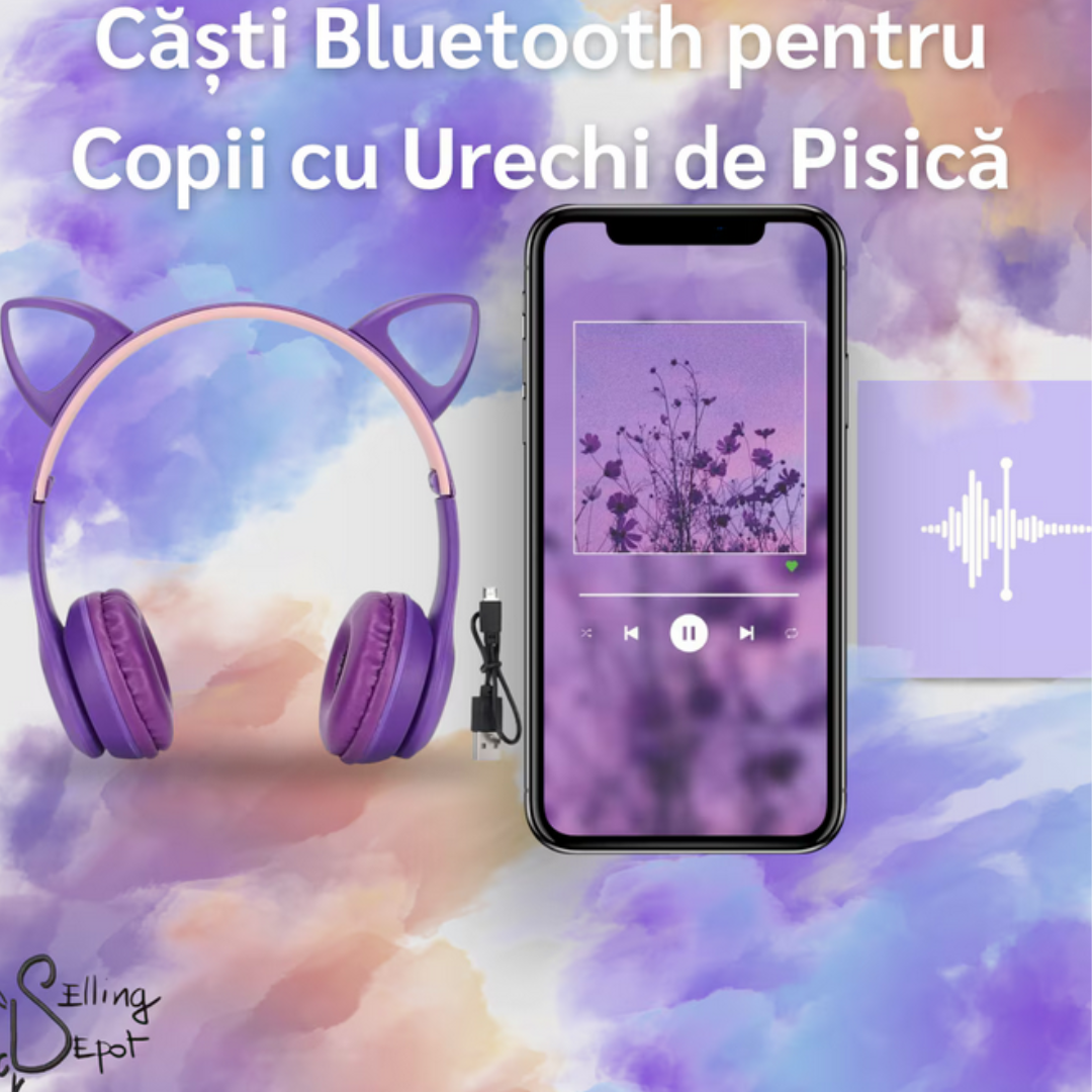 Casti pentru copii Bluetooth, cu urechi de pisica, limitare a volumului de 88 dB si lumina LED