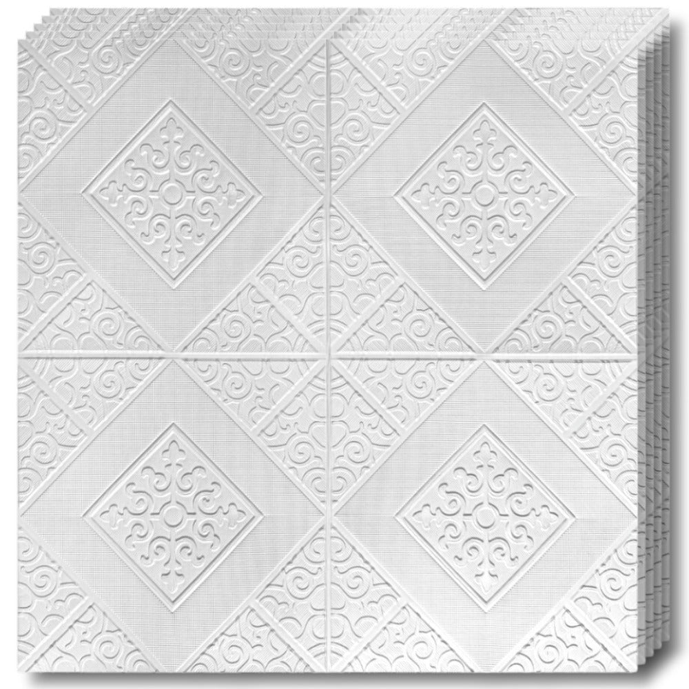 Set 10 x Tapet Autocolant, 3D, Usor de Montat, Rezistent la Apa, Modern, Model Romb Alb, 70x70 cm