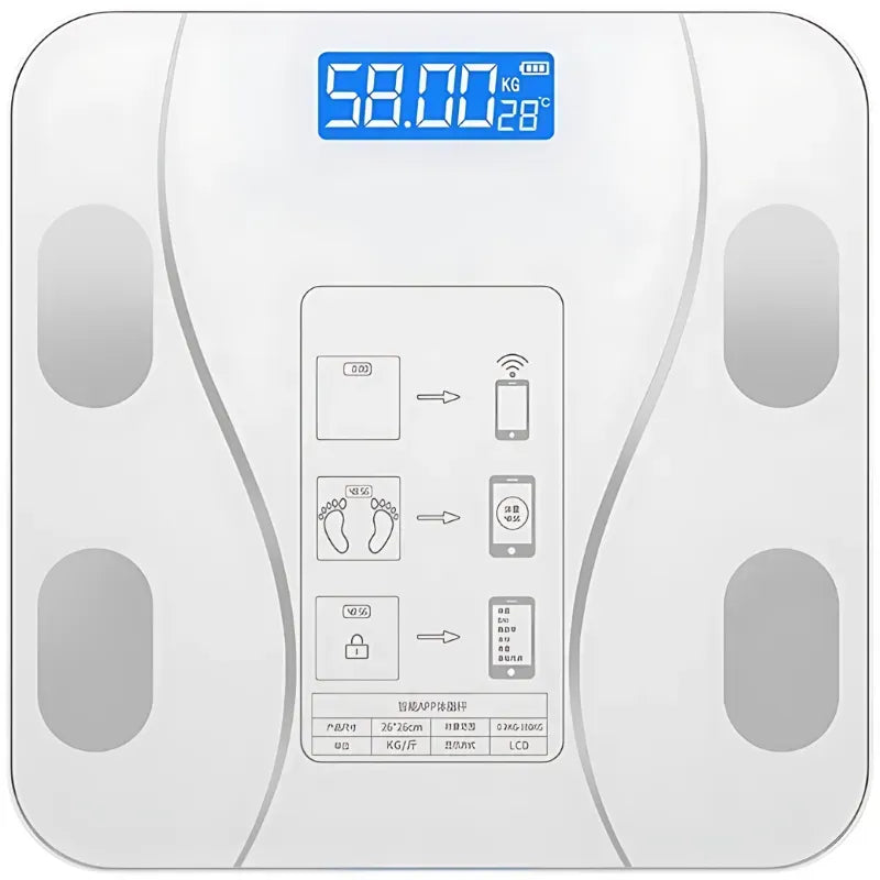 Cantar electronic inteligent cu aplicatie smart, corporal, ecran digital Iluminat, termometru, alb