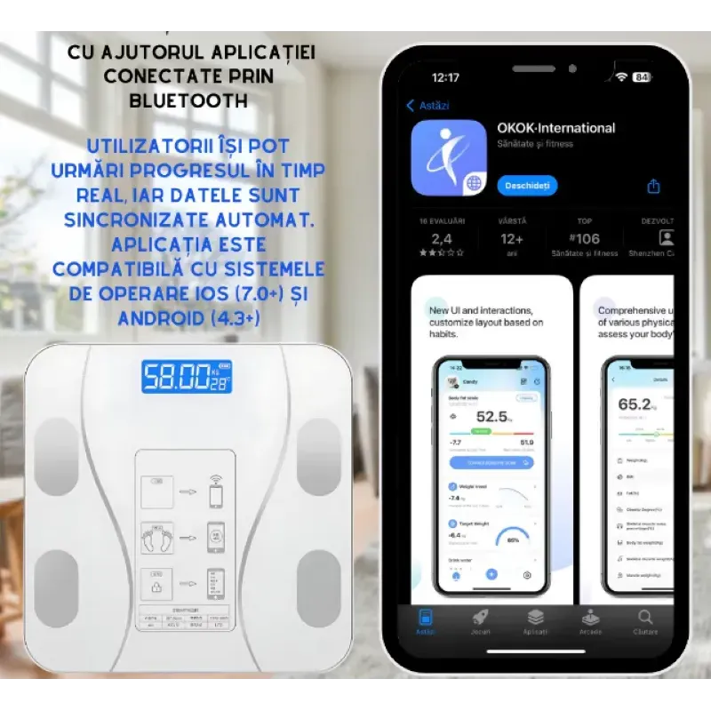 Cantar electronic inteligent cu aplicatie smart, corporal, ecran digital Iluminat, termometru, alb