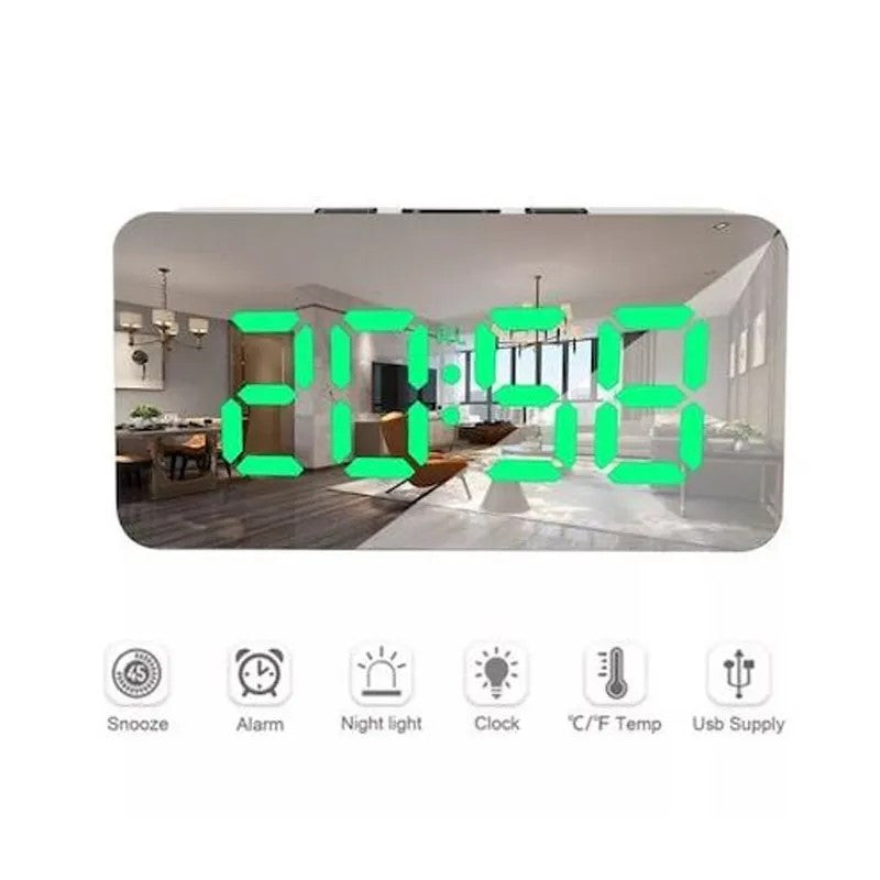 ⏰ Ceas Digital cu Afișaj LED Verde – Display Oglindă, Alarmă, Carcasă Neagră 🖤